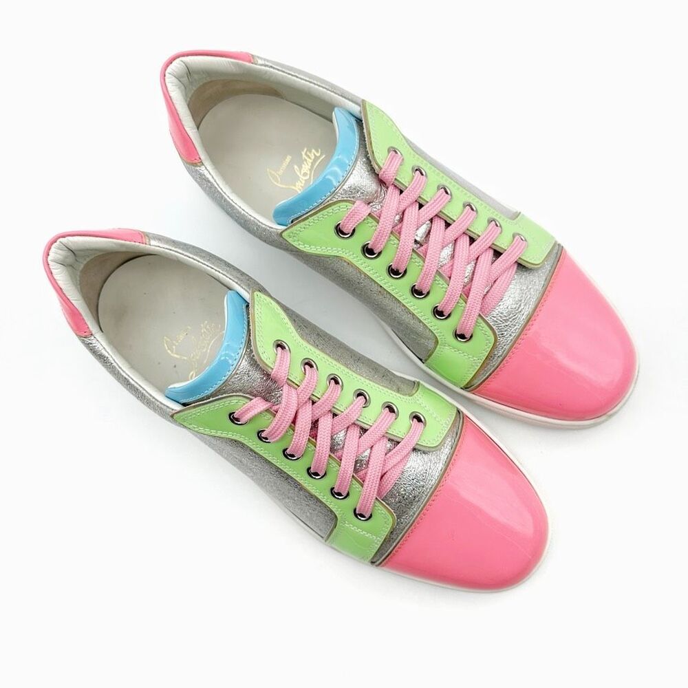 CHRISTIAN LOUBOUTIN Fun Viera Pink Glitter Low Top Sneakers Size 40 Lace Up - Picture 7 of 14